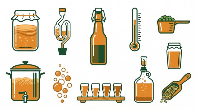 Home Brewing Kombucha Flat Icon Set for Craft Beverage Design