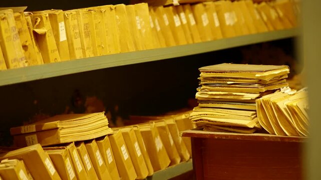 Old Vintage Folders Stacking On Table In Archive Room. Historic Documents On Shelves Storage Repository. History Research 