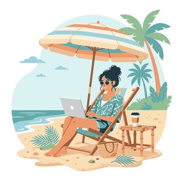 Digital nomad woman working on laptop at tropical beach illustration