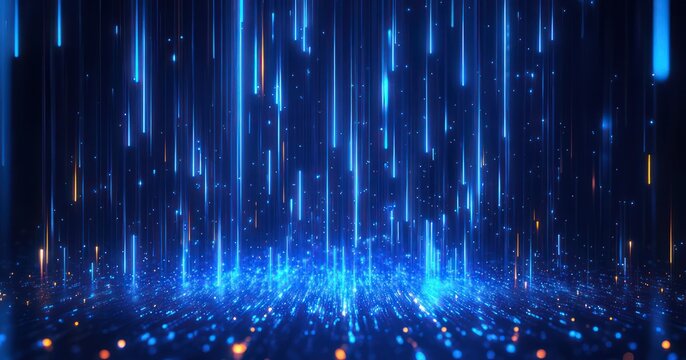 vertical blue light streaks and glowing particles falling onto a luminous surface with scattered orange highlights, a futuristic and mesmerizing digital rain scene