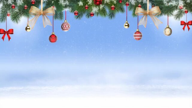 Festive Christmas border with baubles and bows on snowy background