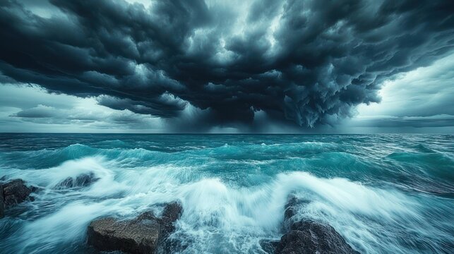Towering storm over teal ocean with dark swirling clouds and violent waves crashing on rocky shore, dramatic and foreboding seascape