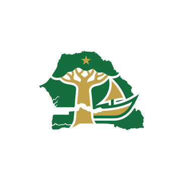 Green Senegal map silhouette featuring a gold baobab tree, traditional sailing boat, and star emblem on a white background.