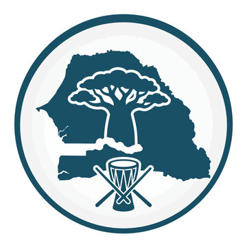 Circular icon showing Senegal map silhouette with baobab tree and djembe drum.