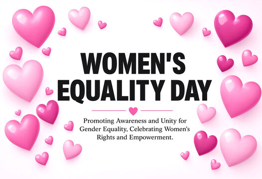 Beautiful women equality day design with pink hearts celebrating gender rights and empowerment awareness campaign