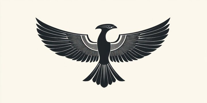 stylized black bird with outstretched wings and layered feather patterns on a pale background, bold majestic and powerful