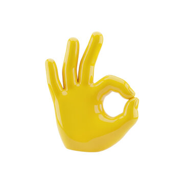 vibrant yellow, high-gloss 3d stylized hand sculpture performing the a-ok gesture, isolated on a transparent background with ample copy space. concept of digital perfection