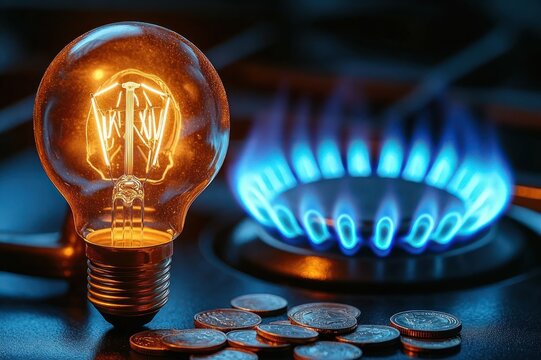 Glowing filament light bulb beside a blue gas stove flame and scattered coins, evoking concern over household energy costs