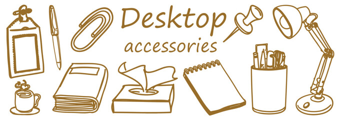 Obraz premium Desktop accessories vector elements collection. Hand drawn golden brown line art doodle illustration of office stationery, desk lamp, and pen holder.