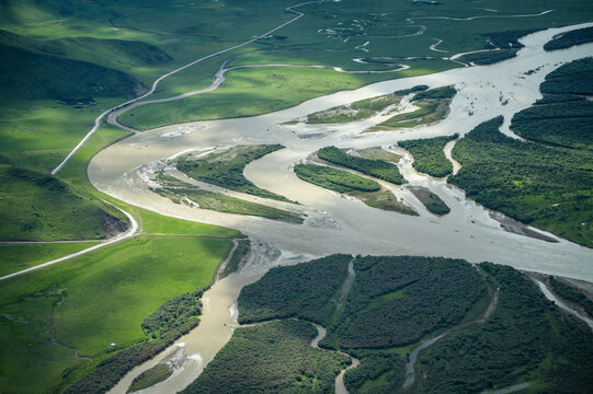 Abstract Aerial Close-up of the Yellow River Wetland: Braided Water Systems and Winding Stream Textures in Zoige Grassland