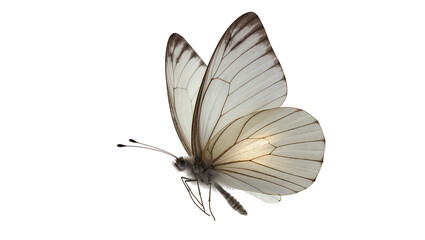 Isolated side view of a delicate white butterfly with black markings, showcasing intricate wings © Ioana