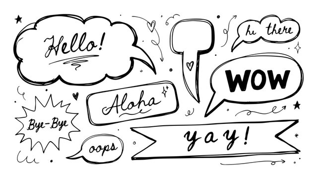Speech Bubbles with Various Greetings and Expressions in a Doodle Style Featuring Greeting, Expression, Hello with Aloha and Wow