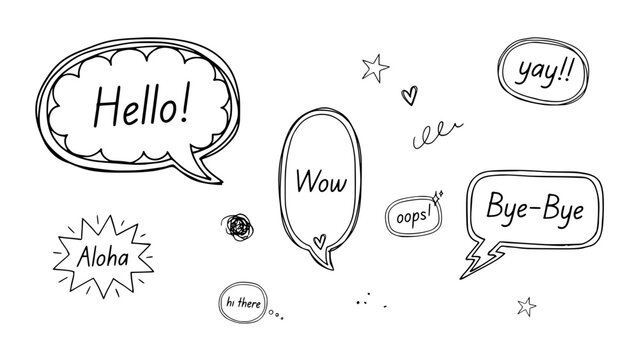 Speech Bubbles with Various Greetings and Expressions in a Doodle Style Featuring Greeting, Expression, Hello with Wow and Aloha