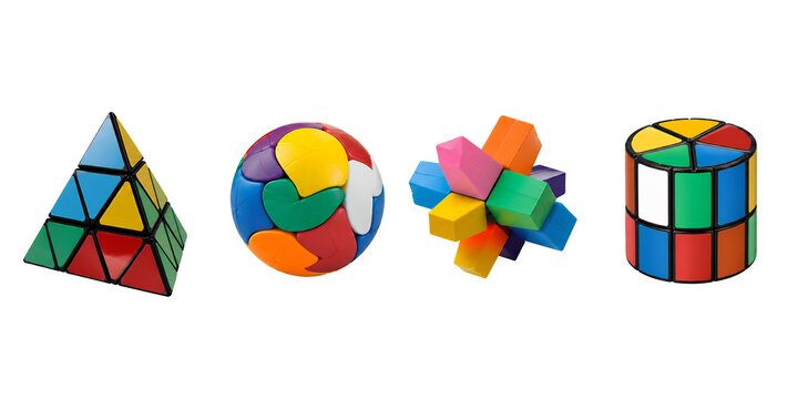 Colorful Twisty Puzzle Collection with Pyramid Cube Sphere and Interlocking Brain Teaser Toys Isolated on Transparent Background