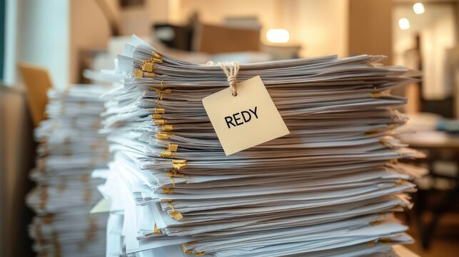 towering stacks of clipped documents with a tied tag reading REDY in a warm blurred office, conveying busy, overwhelmed paperwork and urgency