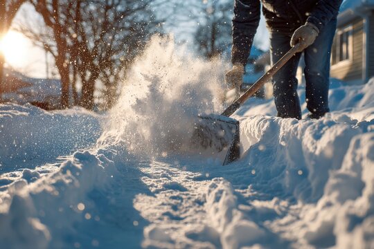 Person shoveling snow from a driveway during winter, sunlight illuminating the scene with trees and a house visible in the background