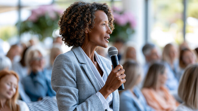 Faceless confident Black woman speaking at indoor gender equality event with engaged audience, diversity advocacy concept, social event photography, blurred event background, with