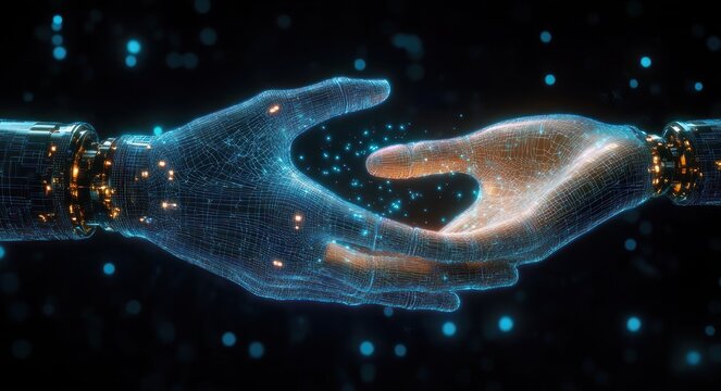 two glowing digital hands of blue and orange wireframe mesh reaching to touch with metallic wrist connectors and floating light particles, evoking connection and trust