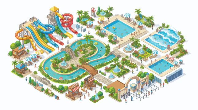 Isometric water park vector illustration, summer aqua park with colorful slides and swimming pools, tropical resort amusement park map