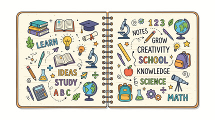 Illustration of a school notebook with educational icons and words for learning and creativity © sajjadhossain