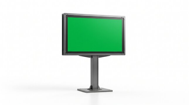 A mockup of a modern green screen monitor on a stand for presentations in a studio