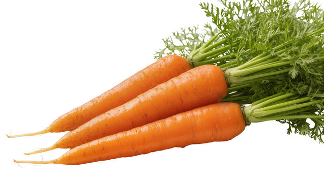 Isolated three fresh vibrant orange carrots with lush green leaves and healthy root ends