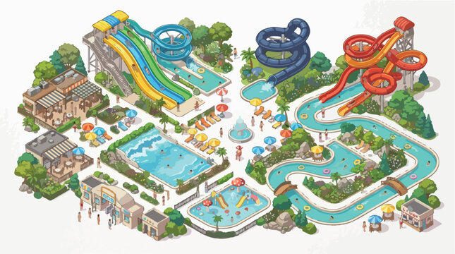 Isometric water park vector illustration, colorful aqua park with swimming pools and slides, summer vacation resort map with lazy river and wave pool