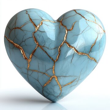Glossy turquoise heart sculpture with gold-filled repair seams and marble veins on white background, conveying healing, resilience and serene elegance