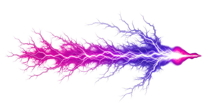 intense, hyperdetailed visualization of magenta and violet fractal lichtenberg figures of pure plasma energy, streaming horizontally on a transparent background. concept of dynamic power and chaos