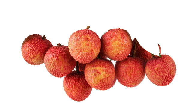Isolated fresh ripe red tropical lychees fruit cluster, sweet juicy healthy food ingredient