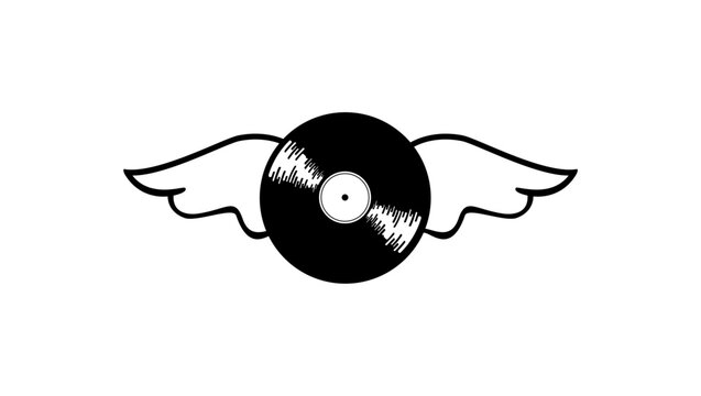 Musical record with wings, black vector isolated silhouette