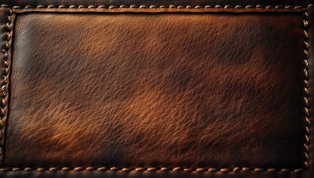 close-up of warm brown leather panel with detailed hand-stitched border and aged textured grain evoking rustic vintage warmth