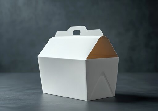 white gable takeaway box with handle slightly open on dark textured surface, soft moody lighting and clean minimalist presentation
