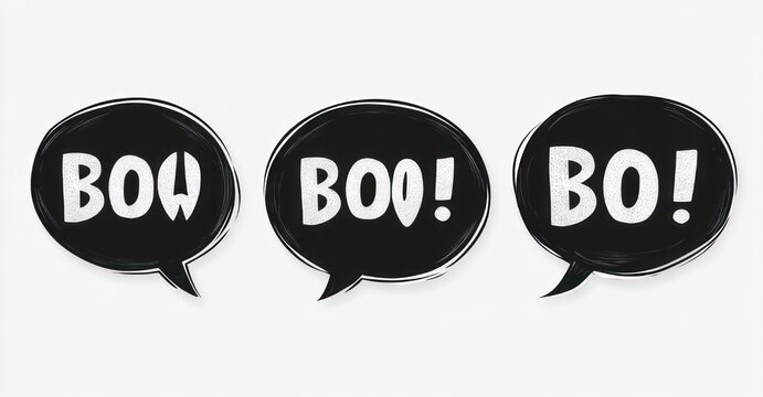 Three black comic speech bubbles with bold white distressed text reading BOW, BOO!, and BO! on a white background, playful and energetic sound effects
