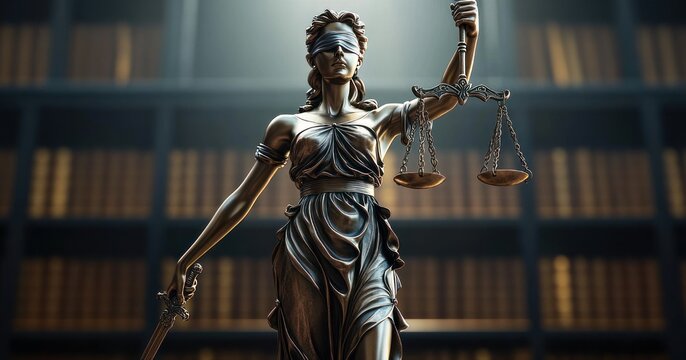 bronze justice statue holding scales and sword in front of rows of law books with dramatic solemn lighting conveying authority and impartiality