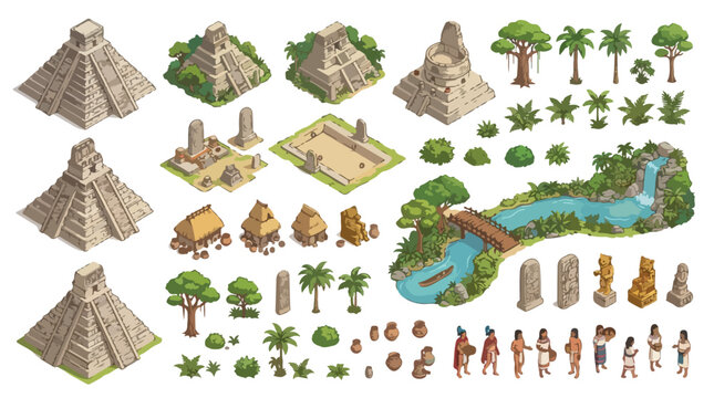 Ancient Mayan civilization isometric vector set, Aztec temple pyramids and jungle ruins, historical tribal village elements for game design