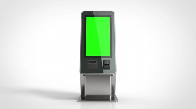 Green screen mockup of a modern automated teller machine terminal on a clean white surface for banking transactions