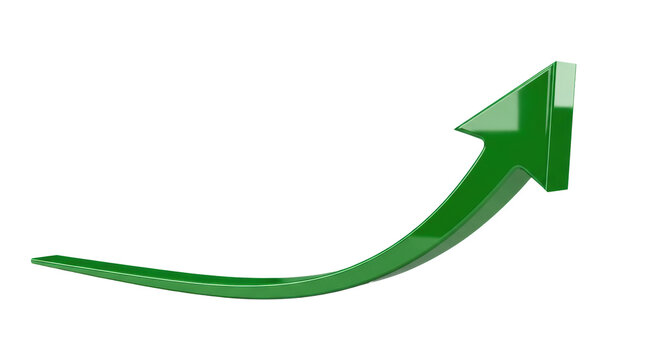 a vibrant emerald green glossy 3d arrow shaft forming a dramatic j-curve line graph trajectory isolated on a transparent background with subtle shadows. concept of exponential rise and success