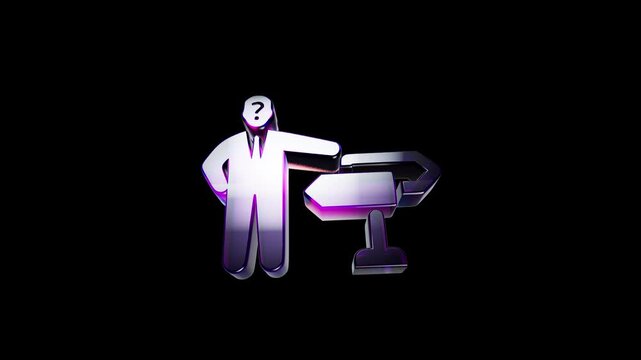 Metallic 3d icon of a businessman with a question mark head pointing at a signpost 3D Icon