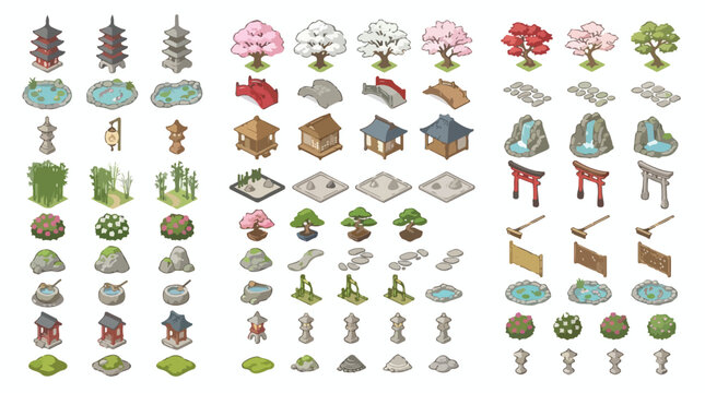Japanese garden isometric vector icons, zen landscape elements with pagoda and cherry blossom trees, traditional oriental architecture set