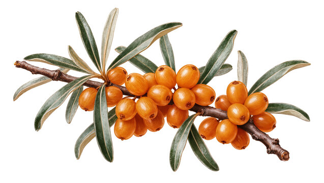 Isolated branch of sea buckthorn berries with green leaves, a healthy vibrant fruit plant.