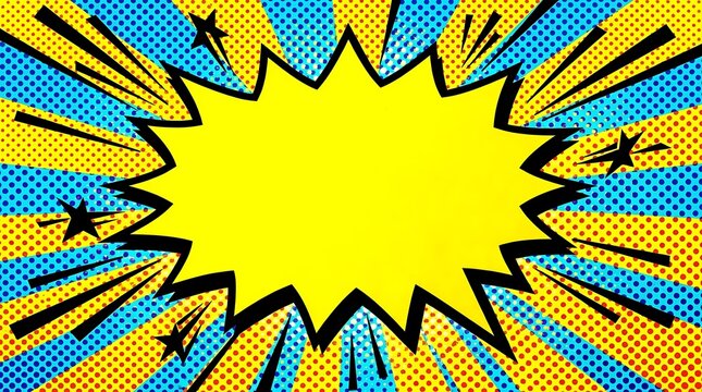 Yellow comic burst on blue sunburst background.