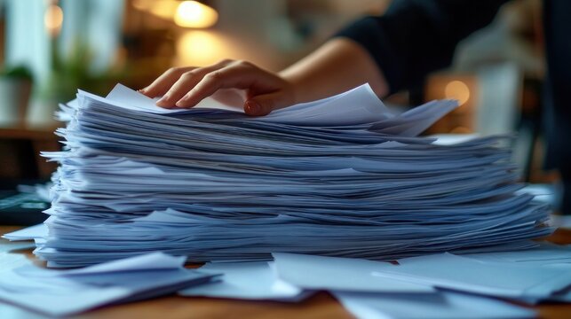 Hand resting on a towering pile of loose papers on a desk in warm office light, conveying overwhelm and busy paperwork