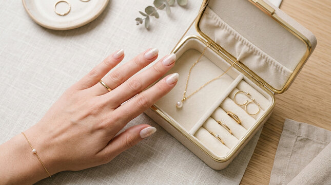 Woman choosing jewelry from open velvet lined vintage trinket box with necklace