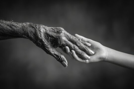 Elderly hand reaching towards a younger hand in a black and white photograph, symbolizing connection and generational bond between old and young
