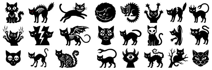 Creepy Halloween black cat silhouettes, 24 mystical feline monster icons, gothic occult kitten vector set for spooky decor and stickers © Sijan
