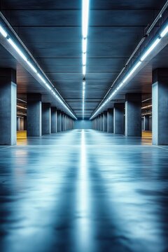 Empty underground parking garage with concrete pillars, linear overhead lights and glossy reflective floor in cool blue tones, symmetrical and quietly eerie atmosphere