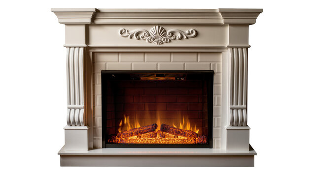 Isolated classic elegant cream fireplace mantel with electric log and realistic flame insert