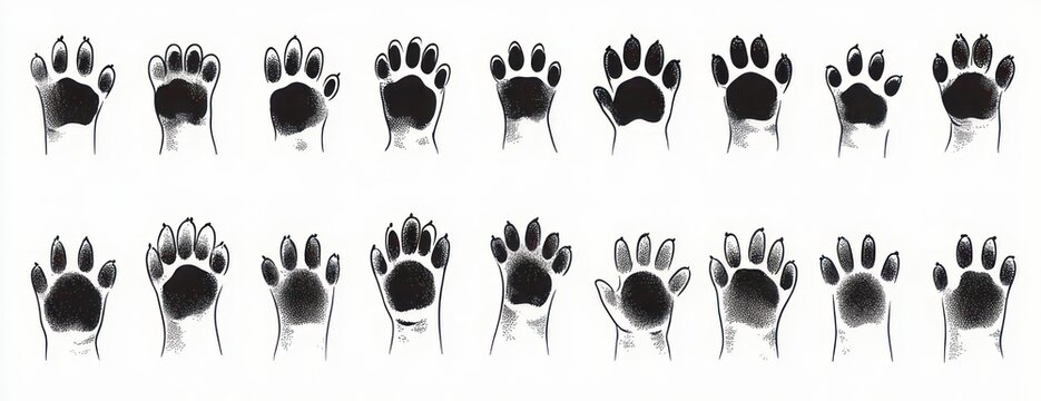 two rows of black ink paw prints on white background, playful and whimsical repeating pattern