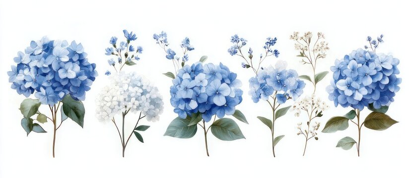 Soft blue and white hydrangea clusters and delicate baby's breath with green leaves, hand-painted watercolor botanical row evoking calm and gentle serenity